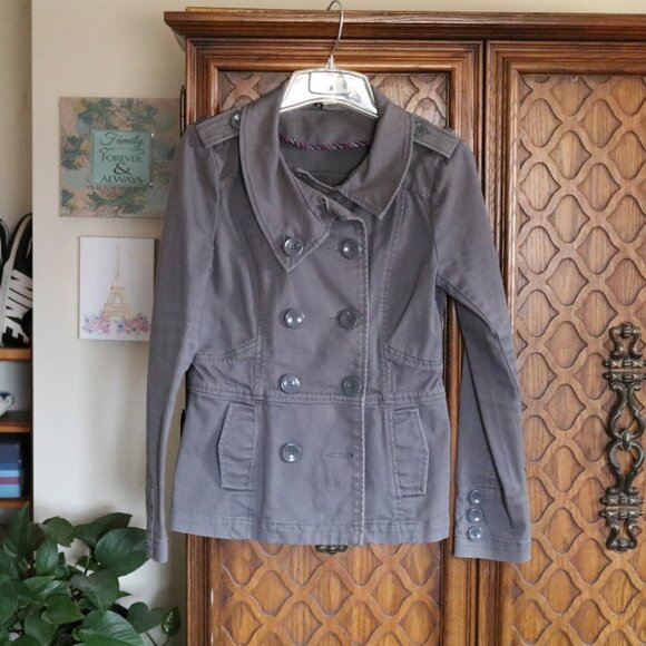 Divided by H&M Double-Breasted Twill Denim Military Jacket Coat - Gray, Size 8 - Picture 2 of 15